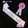 Сторона украшения день рождения девушка мальчик брошь sash набор розовые женщины голубые мужчины ленты счастливый значок 18 21 взрослый
