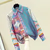 Autumn Blus Patchwork Simulation Silk Shirt Kvinnlig toppkoreansk nisch polka Dot Långärmad blusa 210226