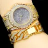 Örhängen Halsband Män Hip Hop Gold Color Luxury Bling Full Cz Crystal Watch Cuba SandBlast Armband Set