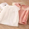 Outono de primavera 2 3 4 6 8 10 anos crianças bebê longo trompete manga cor sólida lace boneca coleira de algodão blusa camisas para meninas 210701
