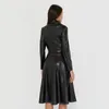 Pu läder sexig alinklänning rashes fickor långärmad vinter svart klänning elegant vintage mode streetwear 210303