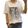 Glänsande Korea T Shirt Kvinnor Sommar Kortärmad Bling T-shirt Toppar Casual Vit Tee Femme Harajuku BomullT-tröja 210604