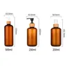 8.3 oz 250ml Bernsteinfrostige Kunststoffpumpenflaschen mit Bambuskappe Toll für Lotionen, flüssige Seife, Aromatherapie und mehr