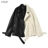 FTLZZ Spring Autumn Lapel Splicing Pu Leather Jacket Women Moto Frenulum Faux Soft Coat Casual Loose Outwear With Belt