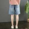 6040 Zomer Mode Vrouwen Koreaanse Stijl Effen Kleur Elastische Taille Zakken Wide Poot Halve lengte Denim Shorts Vrouwelijke Simple Capris 210625