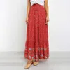 High Waist Long Skirts Womens Boho A-line Full Skirt Floral Print Drawstring Lace-Up Maxi Clothes White Summer Red Bohemian 210629