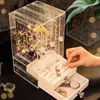 Transparent akryl smycken förvaring Box Case Organizer för Kvinnors Halsband Ring Display Stand Dresser Dustproof Rack 211102