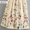 Zevity Frauen Vintage Blumenstickerei elastische Rüschen Schlinge Midikleid schicke weibliche Häkelarbeit Patchwork beiläufige dünne Kleider DS4389 210603