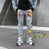 Denim Pants Graffiti Fire Flame Ripped Destroyed Holes Jeans Casual Trousers 211108