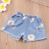 2T Mädchen Kleidung Sets Sommer Kleinkind Korea Stil Blumenkragen Gestreiftes T-Shirt + Jeansshorts 2 Stücke Kinder 210528