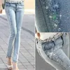 Mulheres Diamante Drilled Hole Calças de Jeans Mulher Calças Calças Jeans Rasgado Denim Calças com Strass Denim Calças Mulher 210708