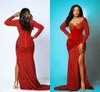 Plus Size Red Sparkly Syrenki Suknie Wieczorowe Z Długim Rękawem Aso EBI Arabski Koronki Zroszony Afryki Prom Recepcji Druga sukienka