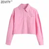 Zevity Women Simply Solid Color Podwójne kieszenie Patch Krótkie koszule Office Lady Długie Rękaw Bluzka Roupas Chic Chemise Topy LS9240 210603