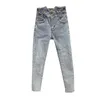 Kvinnors Jeans 2021 Vår Sommar Kvinnor Hög midja Rivet Beaded Harem Beskuren Byxor Slim Denim Pencil Trousers Spodnie Damskie