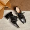 Плюс размер 34-42 женские натуральные кожи на шнуровке весна пружины новый толстый высокий каблук квадратный носок насосы OL стиль повседневные каблуки обувь женщин