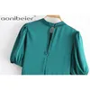 Green Satin Mini Dress Summer Half High Collar Puff Sleeve Keyhole Back Women Casual Waist Female Sundress 210604