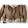 Ailegogo Women Winter Faux Shearling Sheepskin Fake Leather Jackets Lady Thick Warm Suede Lambs Short Motorcycle Brown Coats 210916