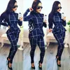 Gym Kleidung Plaid Print Bodycon Overall Frauen Rollkragen Langarm Schößchen Einteilige Overalls Dünne Party Casual Strampler Catsuit Schärpen