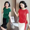 2021 Blusas Mujer de Moda 여름 실크 반팔 여성 블라우스 및 탑스 사무실 레이디 플러스 사이즈 솔리드 나비 셔츠 여성 210302