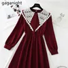 Office Ladies Hollow Out Lace Dresses Solid Peter Pan Collar Slim Elegant Basic Robes Regular Long Sleeve Spring 210601
