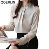 Elegant OL Workwear Blouse Shirt Women Plain Korean Long Sleeve Satin Top Female Autumn White Chiffon Plus Size 210601