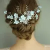 Jonnafe Light Blue Floralal Hair Comming結婚式のアクセサリー真珠のブライダルヘアジュエリー手作り女性の装飾品x0625