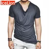 Icelion Heap Yaka T Gömlek Erkekler Moda Katı T-Shirt Hip Hop Streetwear erkek Yaz Rahat Kısa Kollu Spor Tişört 210706