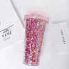 Cat Ear Flashing Double Layer Cup home Cute Cartoon Creative Plastic bottle Sequin Juice Wine With Straw Gift