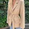 Ingoo Lace Up Waist Långärmad Lapel Blazers kostym Kvinnor Solid Elegant Office Ladies Casual Jacket Coat Fashion Street Outwear 211019