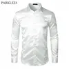 Chemise en satin de soie blanche élégante Hommes Chemise Homme Casual Manches longues Slim Fit Mens Robe S Business Mariage Mâle 210626