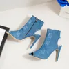 Dress Shoes Women Pumps 2021 Peep Toe Gladiator Denim High Heels Cutout Stiletto Zip Thin Party Blue Super Zapatos Mujer Lady