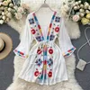 Women Bohemian Holiday Vintage Embroidery Sun Protection Long-Sleeved Drawstring High Waist Slimming Short Dress Vestidos M935 210527