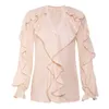 Kvinnor Vintage Ruffled Blouse Spring Casual Chiffon Shirt Ruffles Puff Sleeves Långärmad Bottom T Shirts Deep V-Hals Top