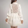 女性のラペルフレア長袖ハイウエストのエレガントなミニドレス女性夏210531のための白いパッチワークレースのビンテージのドレス