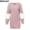 BeAvant Casual loose spliced sweater dress women O neck shift knitted dress autumn Long sleeve winter dress female pullover 210709
