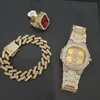 Collier de boucles d'oreilles Luxury Man Watch Ring Bracelet Combo Set Rapper Crystal Miami Braclete Jewelry Out Cuban Hip Hop pour hommes