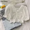 Diário de Pérola Mulheres Branco Algodão Baloid Broto Top quadrado Pescoço Scallop Lace Trim Doce Ruched Front Drawstring Slow Sleeve 210623