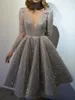 Lässige Kleider mit V-Ausschnitt, langen Ärmeln, glitzerndes Cocktailkleid, 2022, A-Linie, knielang, Abschlussfeier, sexy, elegantes Kleid