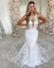 2021 Amazoning Mermaid Bröllopsklänningar Två lager Långt tåg Unik Halsband Scoop Open Back Bridal Gowns Formell Klänning Kvinnor Plus Abiti Da Sposa