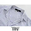 Traf Women Fashion Office Wear Striped Loose Bluses Vintage Long Sleeve Pockets Female Shirts Chic Tops 210308