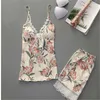 Kvinnor Sommar Sleeping Packages Sexig V-Neck Tank Top Shorts Kläder Satser Lounge Pyjamas Set Kvinnors 2-bitars blommor Natt Q0706