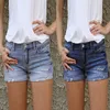 Vintage gescheurde gat franje blauwe denim shorts vrouwen casual knop pocket jeans shorts nieuwe stijl shorts 210306