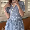 Yitimuceng Floral Dresses for Women Zipper High Waist Short Sleeve Light Blue Navy Blue Summer Fashion Office Lady Dress 210601