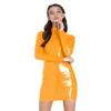 Casual Dresses Sexy Turtleneck Långärmad Läder PVC Mini Klänning Vår Höst Högkvalitativ Fritid Bodycon Slim Latex Party Club