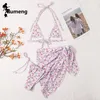 Damen Bademode RUMENG 2022 Rosa Blumendruck Bikini Sexy ausgehöhlter Badeanzug 3-teiliges Set