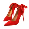 Dress Shoes Red Bowknot Fashion Design Women's High Heel Pumps Summer Flock Party Wedding Stiletto 10.5cm Thin Heels