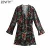 Zevity Women Vintage VネックトーテムフラワーアニマルプリントAラインドレスシックな女性長袖中華プレートvestido DS5024 210603