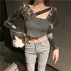 Spring Women Metal Chain Stitching Chest Sexig Hollow V Neck Långärmad Tie Dye Kvinnor Toppar 210531