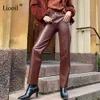 Faux leer rechte beenbroek hoge taille herfst sexy bruin broek broek voor vrouwen bodems vintage streetwear broek winter 211006