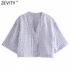 Zevity Frauen Vintage V-Ausschnitt Plaid Print Casual Short Smock Bluse Weibliche Knöpfe Lose Hemd Chic Kimono Chemise Tops LS9259 210603